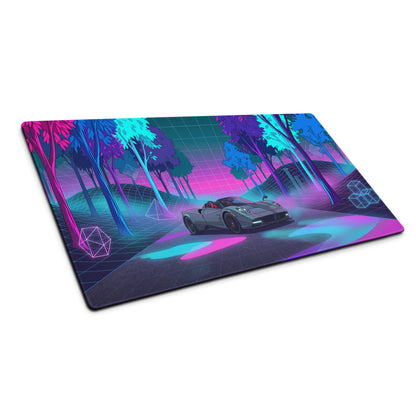 Pagani Huayra Roadster Inspired Silver Pink Vaporwave Gaming Mouse Pad – Neon Forest Grid Desk Mat, Retro Futuristic Hypercar Digital Art