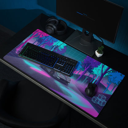 Pagani Huayra Roadster Inspired Silver Pink Vaporwave Gaming Mouse Pad – Neon Forest Grid Desk Mat, Retro Futuristic Hypercar Digital Art