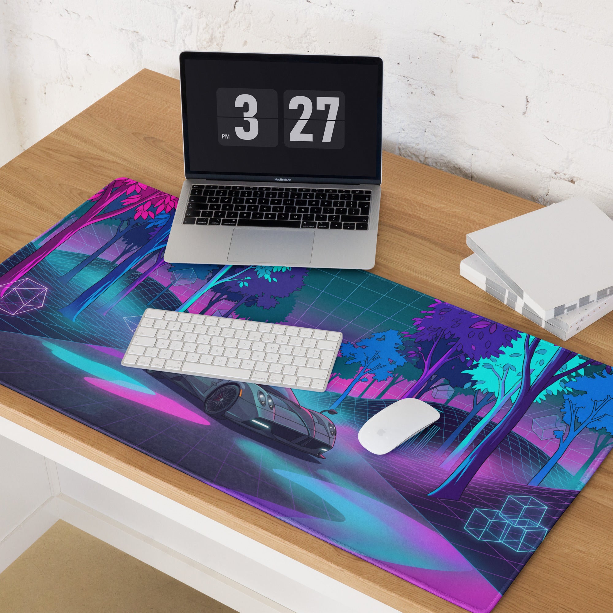 Pagani Huayra Roadster Inspired Silver Pink Vaporwave Gaming Mouse Pad – Neon Forest Grid Desk Mat, Retro Futuristic Hypercar Digital Art
