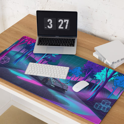 Pagani Huayra Roadster Inspired Silver Pink Vaporwave Gaming Mouse Pad – Neon Forest Grid Desk Mat, Retro Futuristic Hypercar Digital Art