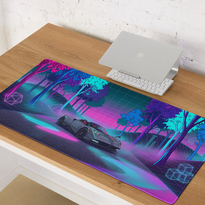 Pagani Huayra Roadster Inspired Silver Pink Vaporwave Gaming Mouse Pad – Neon Forest Grid Desk Mat, Retro Futuristic Hypercar Digital Art