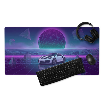 Porsche 911 GT2 RS Inspired White Purple Vaporwave Gaming Mouse Pad – Neon Geometric Grid Desk Mat, Retro Futuristic Sports Car Digital Art
