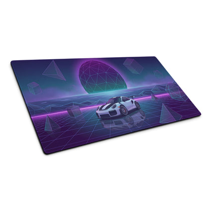 Porsche 911 GT2 RS Inspired White Purple Vaporwave Gaming Mouse Pad – Neon Geometric Grid Desk Mat, Retro Futuristic Sports Car Digital Art