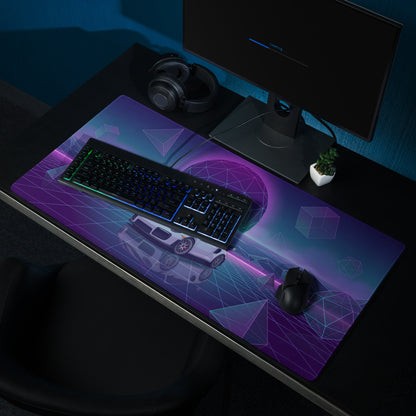 Porsche 911 GT2 RS Inspired White Purple Vaporwave Gaming Mouse Pad – Neon Geometric Grid Desk Mat, Retro Futuristic Sports Car Digital Art