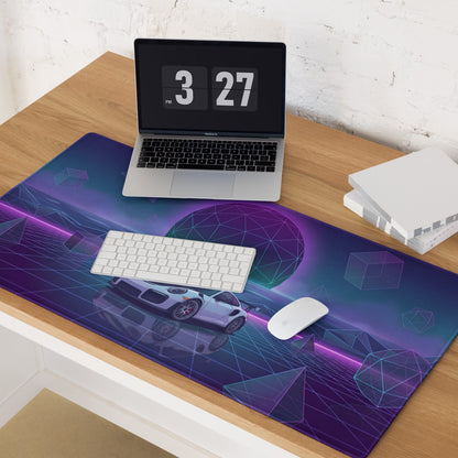Porsche 911 GT2 RS Inspired White Purple Vaporwave Gaming Mouse Pad – Neon Geometric Grid Desk Mat, Retro Futuristic Sports Car Digital Art