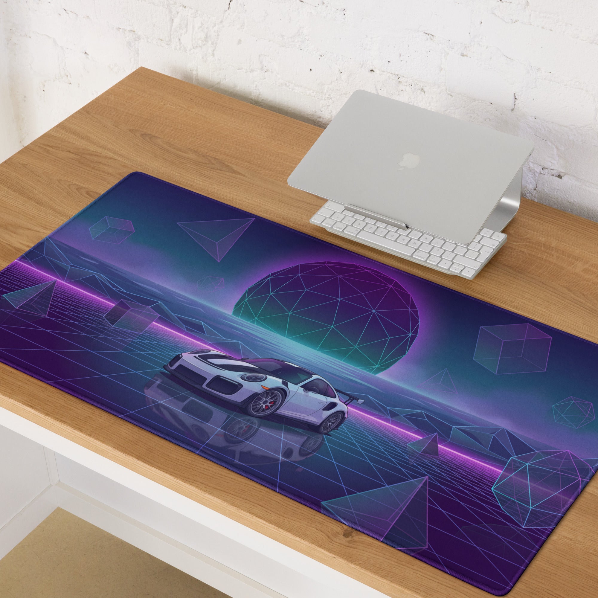 Porsche 911 GT2 RS Inspired White Purple Vaporwave Gaming Mouse Pad – Neon Geometric Grid Desk Mat, Retro Futuristic Sports Car Digital Art