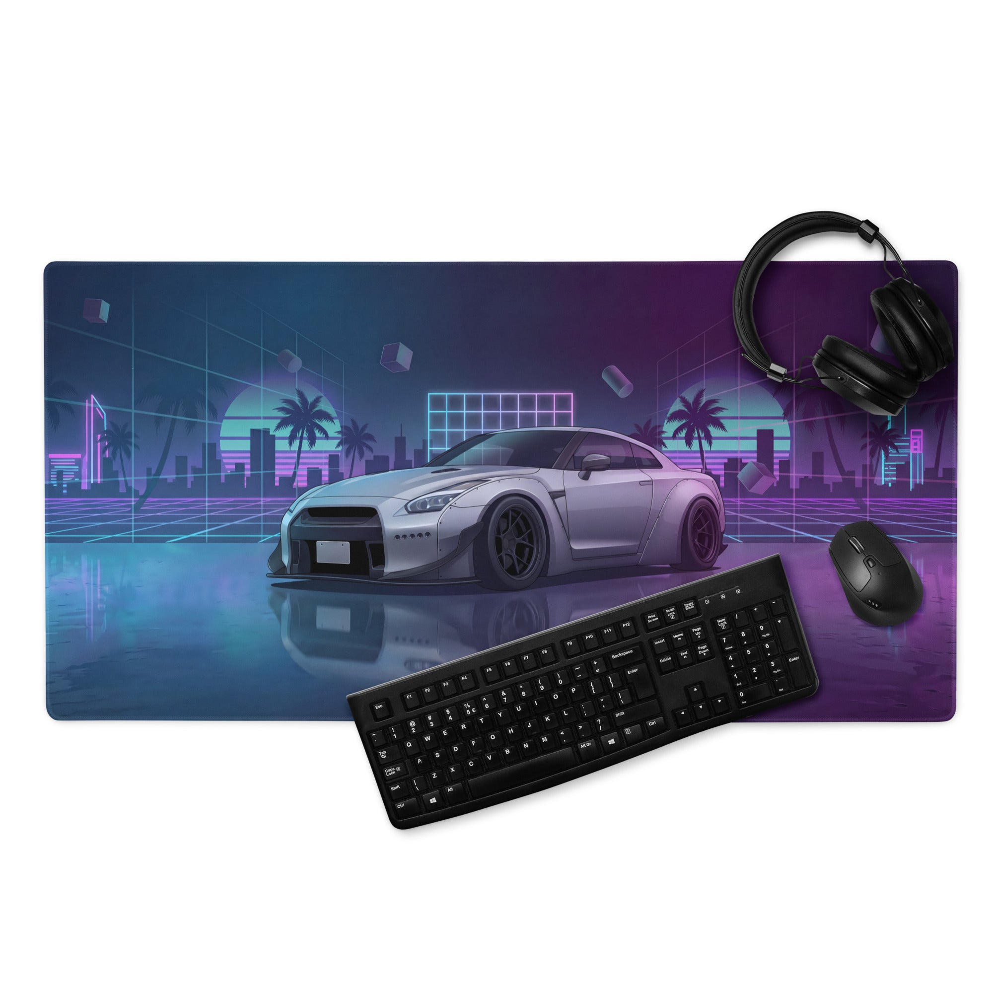 Nissan GT-R R35 Inspired Silver Purple Vaporwave Gaming Mouse Pad – Neon City Grid Desk Mat, Retro Futuristic JDM Sports Car Digital Art
