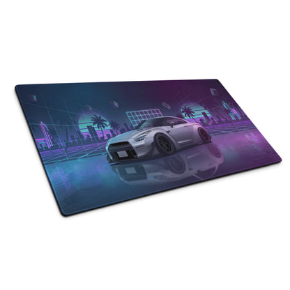 Nissan GT-R R35 Inspired Silver Purple Vaporwave Gaming Mouse Pad – Neon City Grid Desk Mat, Retro Futuristic JDM Sports Car Digital Art