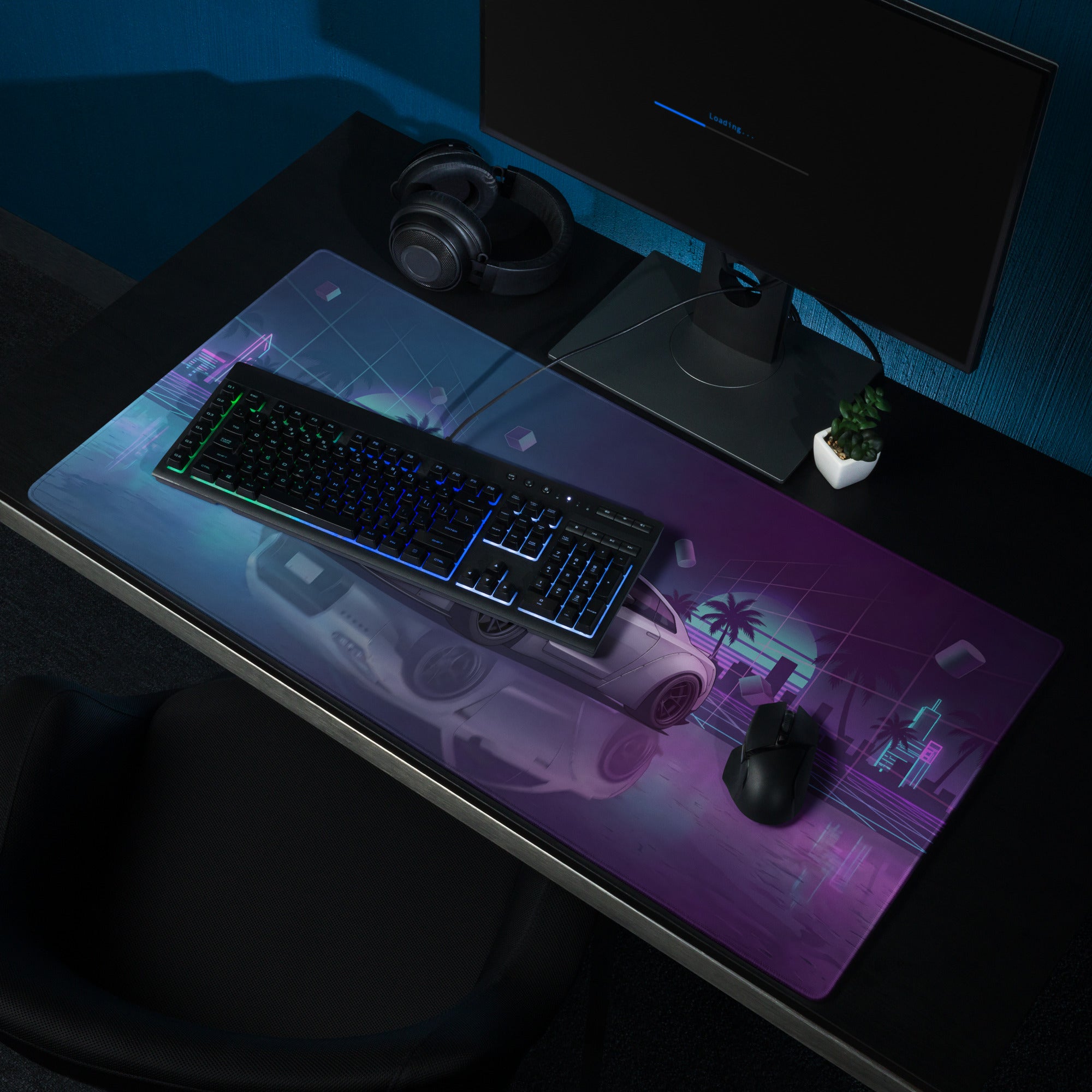 Nissan GT-R R35 Inspired Silver Purple Vaporwave Gaming Mouse Pad – Neon City Grid Desk Mat, Retro Futuristic JDM Sports Car Digital Art
