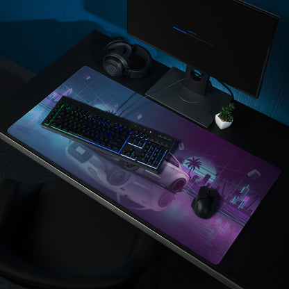 Nissan GT-R R35 Inspired Silver Purple Vaporwave Gaming Mouse Pad – Neon City Grid Desk Mat, Retro Futuristic JDM Sports Car Digital Art