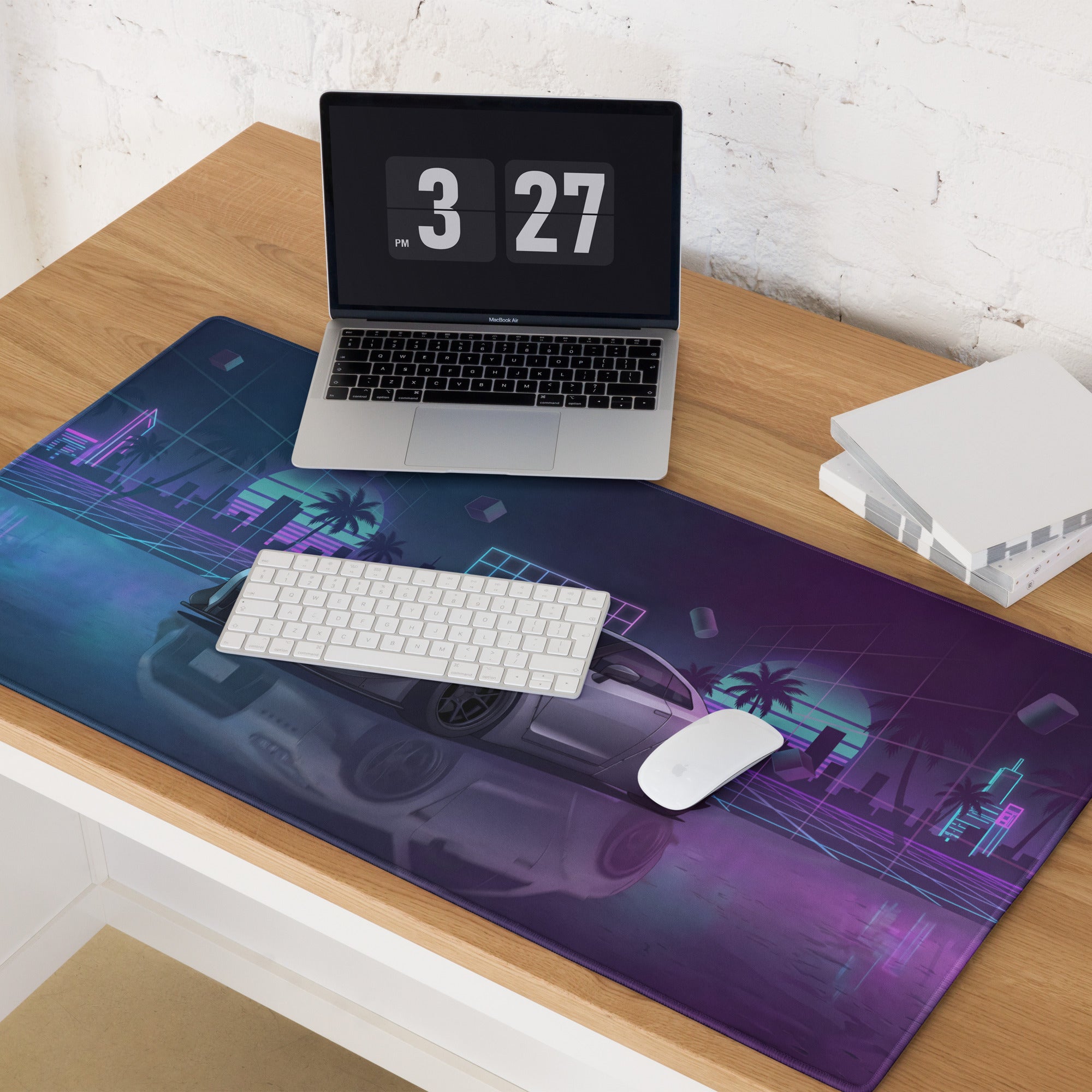 Nissan GT-R R35 Inspired Silver Purple Vaporwave Gaming Mouse Pad – Neon City Grid Desk Mat, Retro Futuristic JDM Sports Car Digital Art