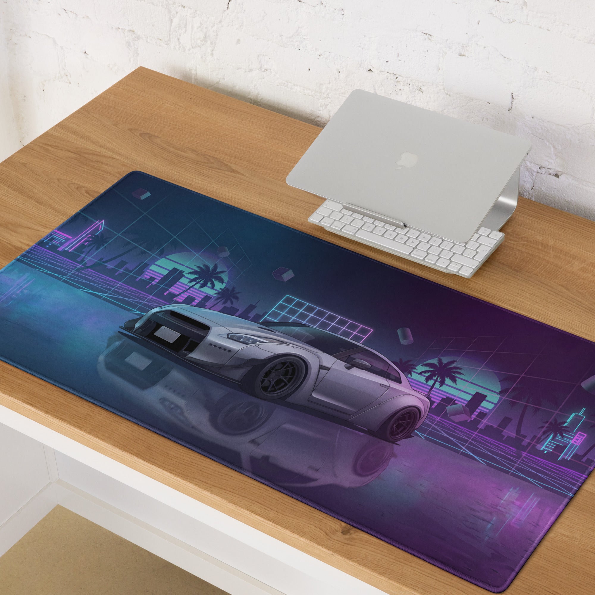 Nissan GT-R R35 Inspired Silver Purple Vaporwave Gaming Mouse Pad – Neon City Grid Desk Mat, Retro Futuristic JDM Sports Car Digital Art