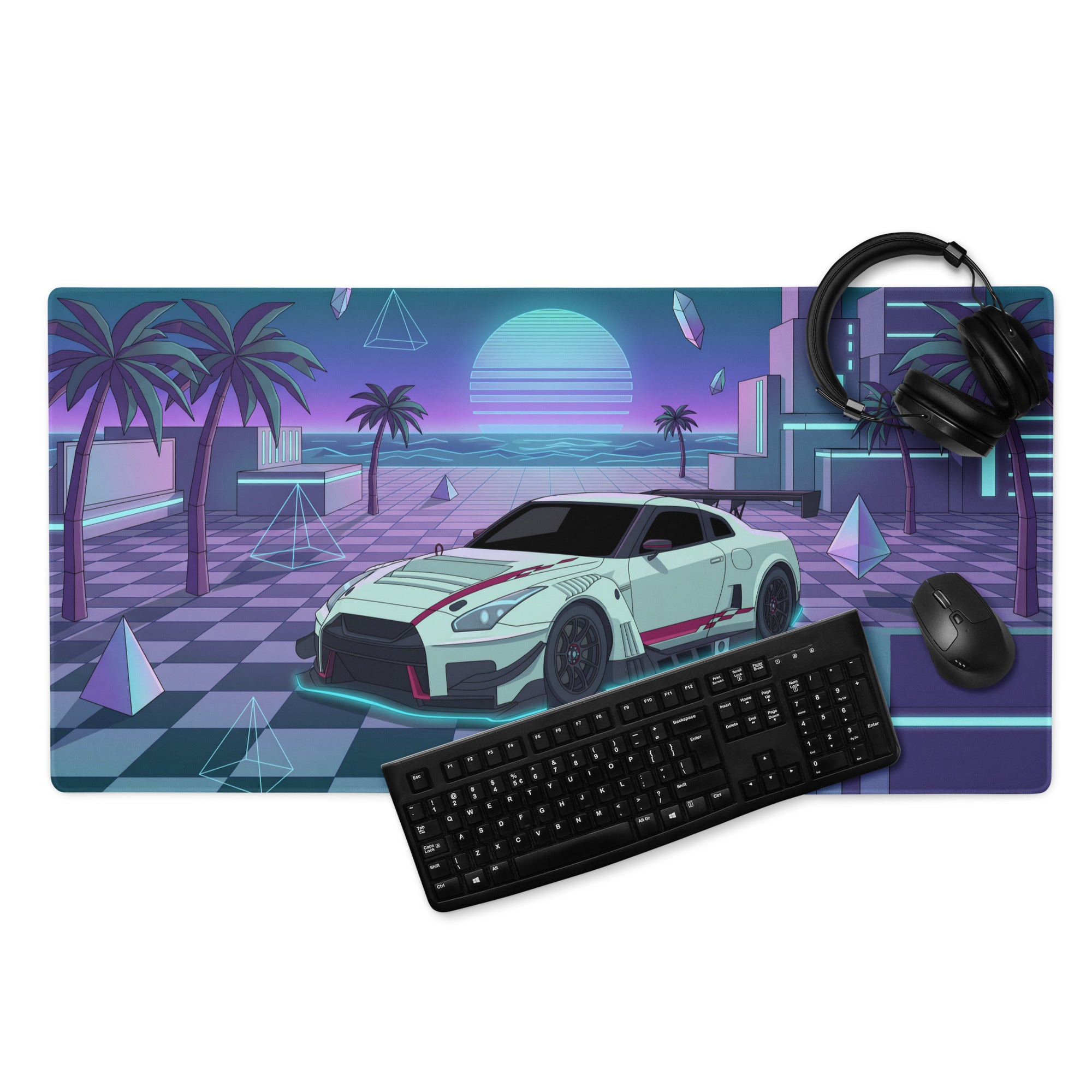 Nissan GT-R R35 Inspired White Cyan Vaporwave Gaming Mouse Pad – Neon Palm City Desk Mat, Retro Futuristic JDM Supercar Digital Artwork