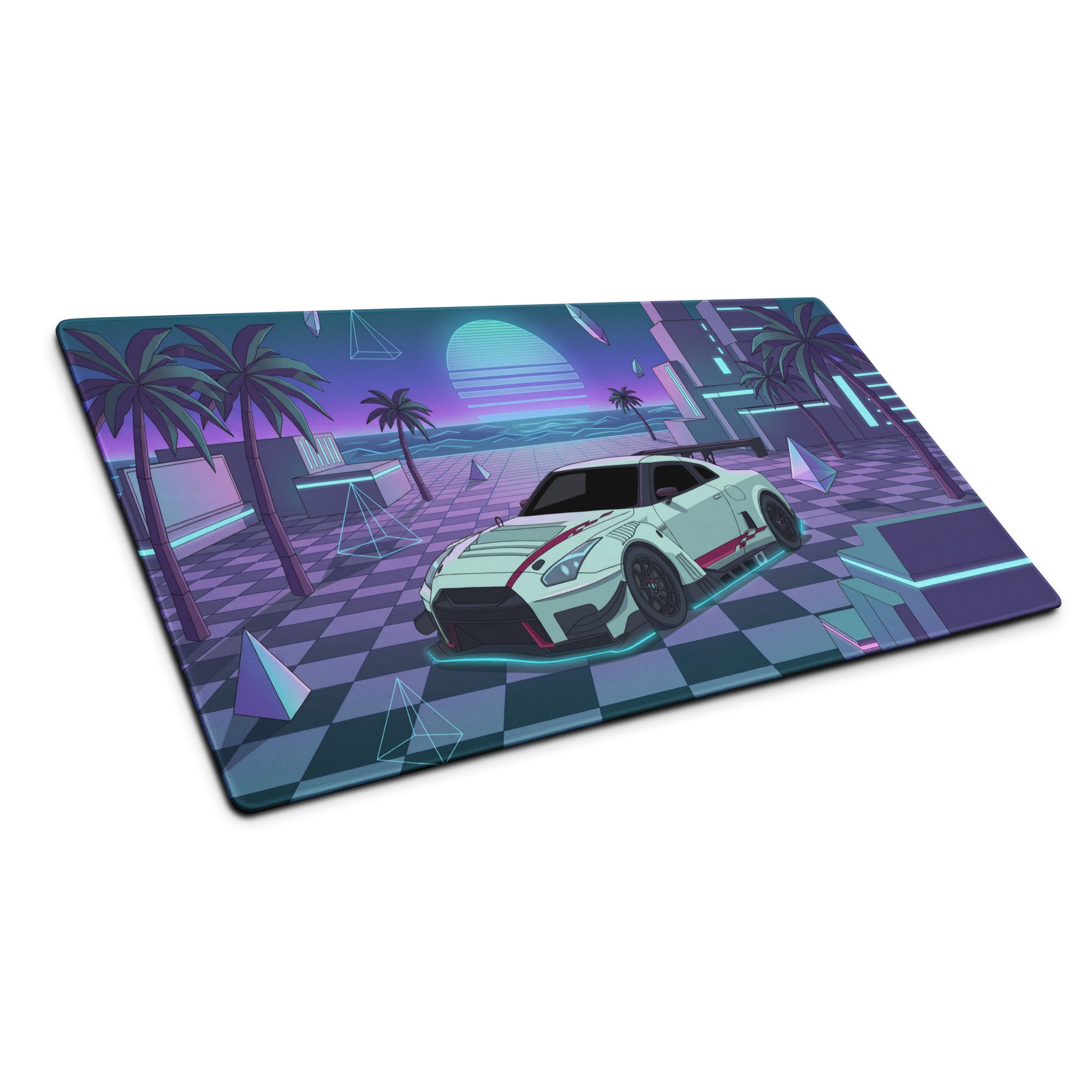 Nissan GT-R R35 Inspired White Cyan Vaporwave Gaming Mouse Pad – Neon Palm City Desk Mat, Retro Futuristic JDM Supercar Digital Artwork