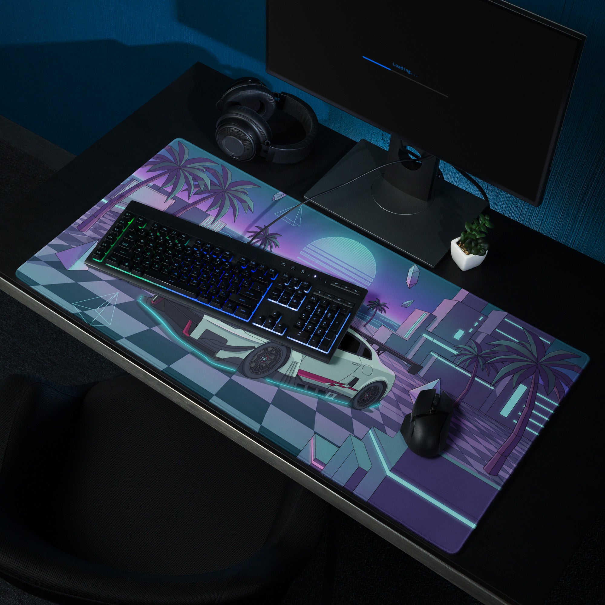 Nissan GT-R R35 Inspired White Cyan Vaporwave Gaming Mouse Pad – Neon Palm City Desk Mat, Retro Futuristic JDM Supercar Digital Artwork