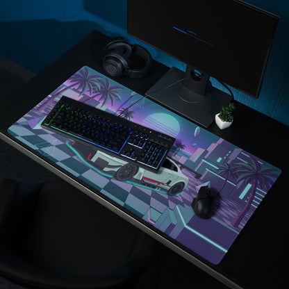 Nissan GT-R R35 Inspired White Cyan Vaporwave Gaming Mouse Pad – Neon Palm City Desk Mat, Retro Futuristic JDM Supercar Digital Artwork