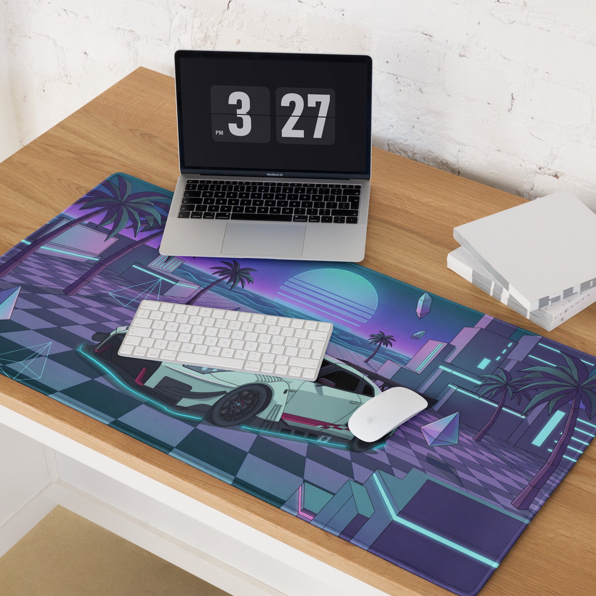 Nissan GT-R R35 Inspired White Cyan Vaporwave Gaming Mouse Pad – Neon Palm City Desk Mat, Retro Futuristic JDM Supercar Digital Artwork