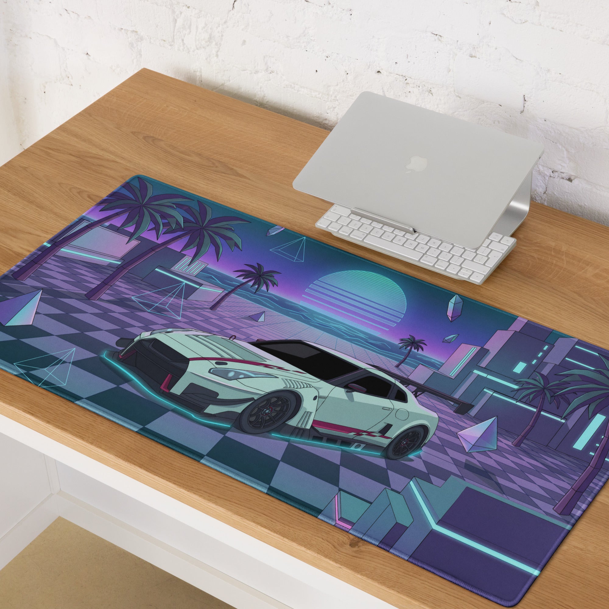 Nissan GT-R R35 Inspired White Cyan Vaporwave Gaming Mouse Pad – Neon Palm City Desk Mat, Retro Futuristic JDM Supercar Digital Artwork