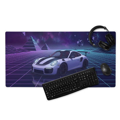 Porsche 911 GT2 RS Inspired White Purple Vaporwave Gaming Mouse Pad – Neon Cosmic Grid Desk Mat, Retro Futuristic Sports Car Digital Artwork