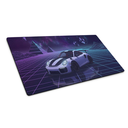 Porsche 911 GT2 RS Inspired White Purple Vaporwave Gaming Mouse Pad – Neon Cosmic Grid Desk Mat, Retro Futuristic Sports Car Digital Artwork