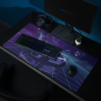 Porsche 911 GT2 RS Inspired White Purple Vaporwave Gaming Mouse Pad – Neon Cosmic Grid Desk Mat, Retro Futuristic Sports Car Digital Artwork