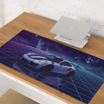 Porsche 911 GT2 RS Inspired White Purple Vaporwave Gaming Mouse Pad – Neon Cosmic Grid Desk Mat, Retro Futuristic Sports Car Digital Artwork