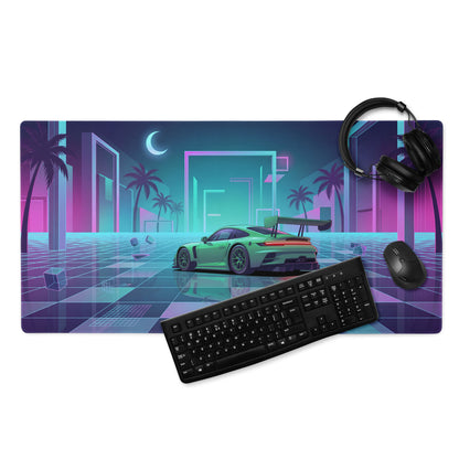 Porsche 911 GT3 R Inspired Green Cyan Vaporwave Gaming Mouse Pad – Neon Palm City Grid Desk Mat, Retro Futuristic Race Car Digital Artwork