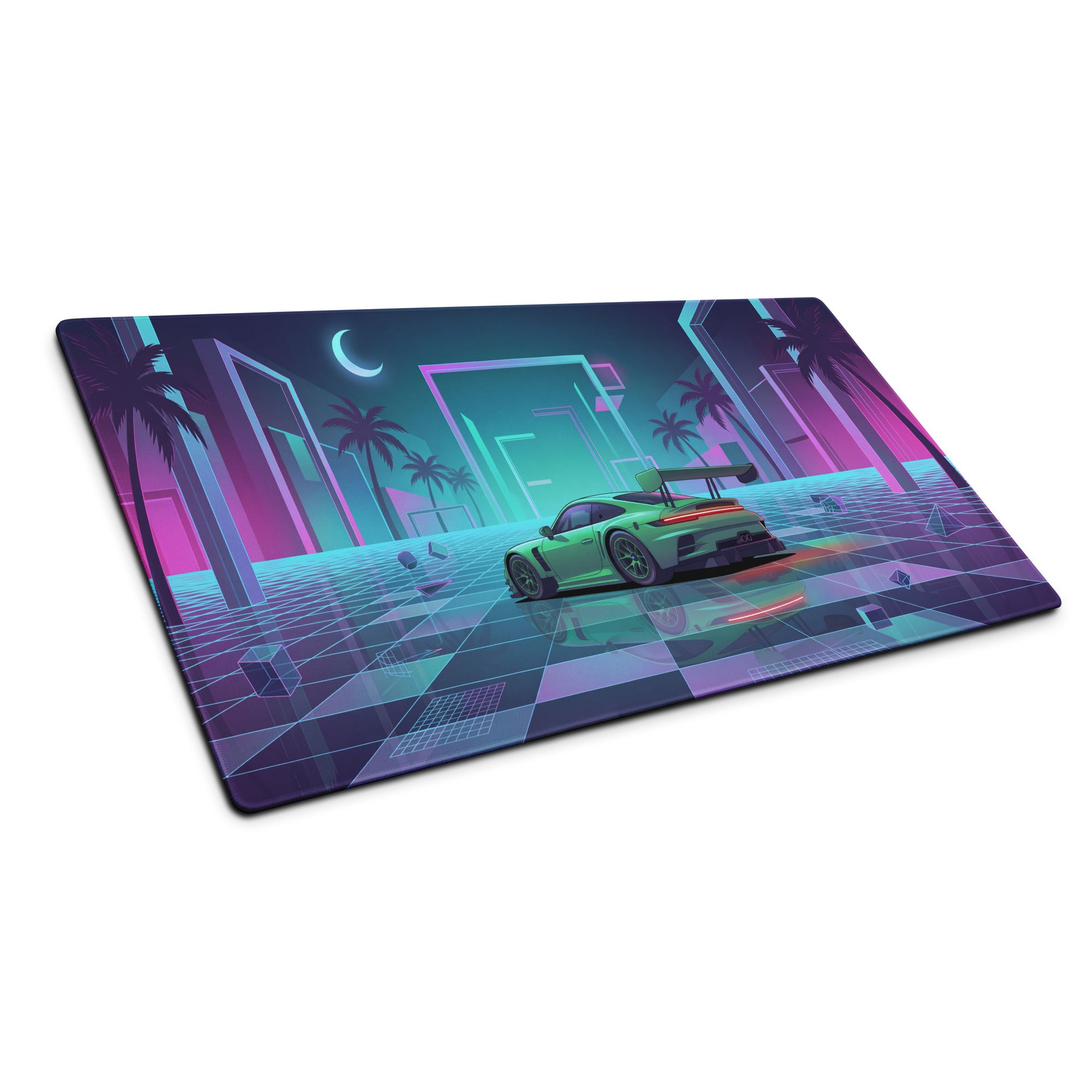 Porsche 911 GT3 R Inspired Green Cyan Vaporwave Gaming Mouse Pad – Neon Palm City Grid Desk Mat, Retro Futuristic Race Car Digital Artwork