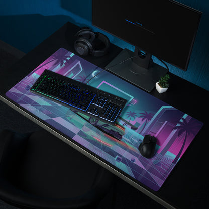 Porsche 911 GT3 R Inspired Green Cyan Vaporwave Gaming Mouse Pad – Neon Palm City Grid Desk Mat, Retro Futuristic Race Car Digital Artwork