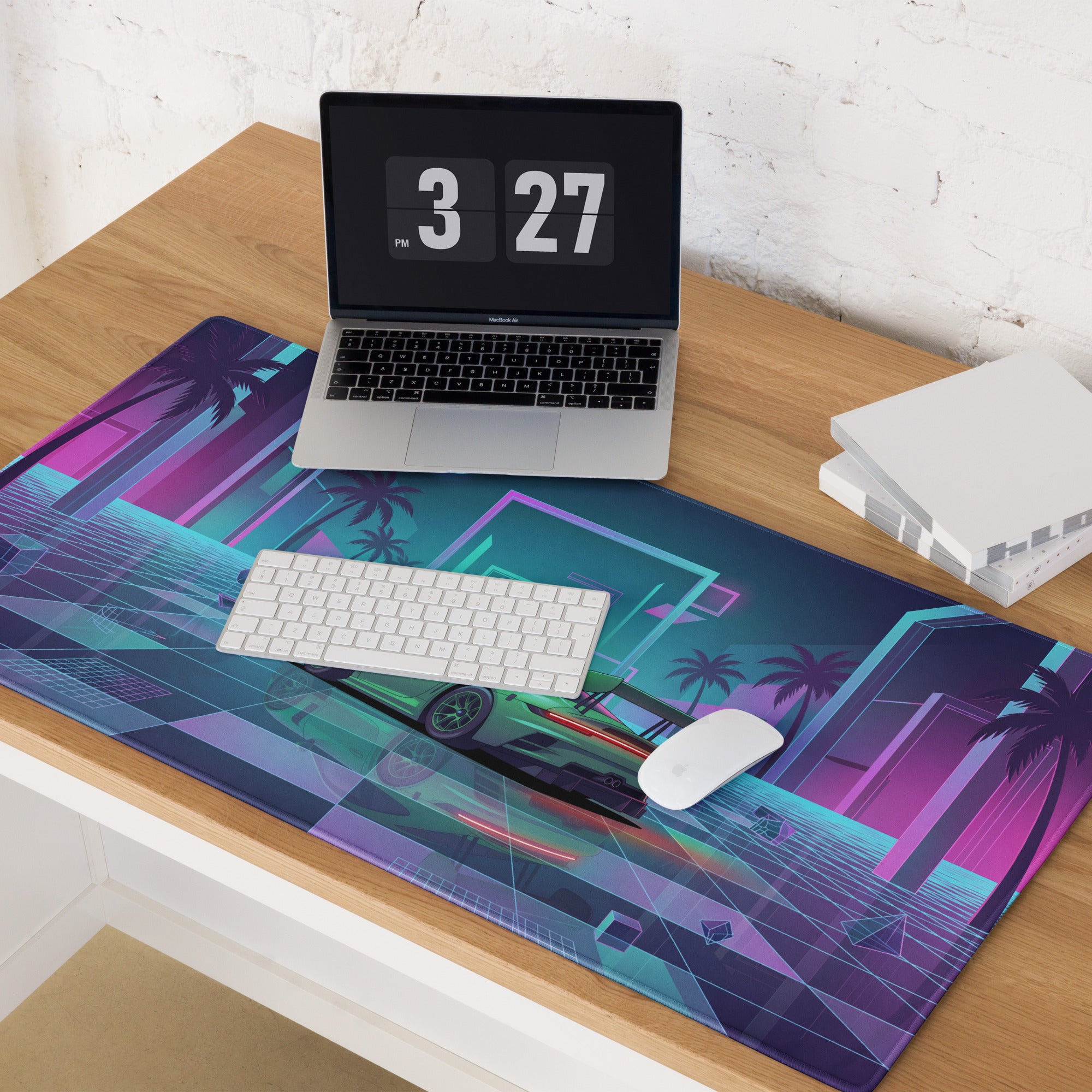Porsche 911 GT3 R Inspired Green Cyan Vaporwave Gaming Mouse Pad – Neon Palm City Grid Desk Mat, Retro Futuristic Race Car Digital Artwork