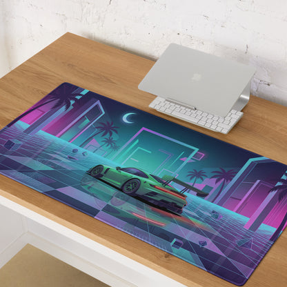 Porsche 911 GT3 R Inspired Green Cyan Vaporwave Gaming Mouse Pad – Neon Palm City Grid Desk Mat, Retro Futuristic Race Car Digital Artwork