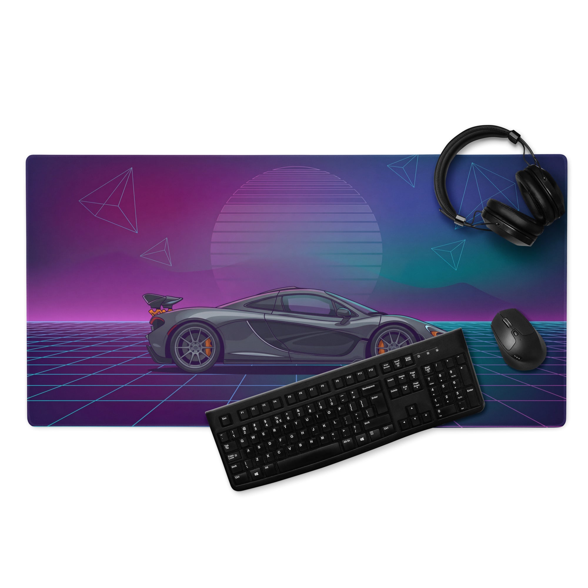 McLaren P1 GTR Inspired Gray Purple Vaporwave Gaming Mouse Pad – Neon Grid Sunset Desk Mat, Retro Futuristic Hypercar Digital Artwork