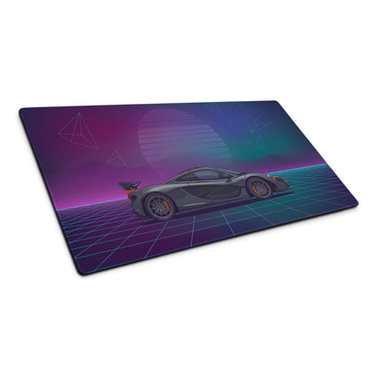 McLaren P1 GTR Inspired Gray Purple Vaporwave Gaming Mouse Pad – Neon Grid Sunset Desk Mat, Retro Futuristic Hypercar Digital Artwork