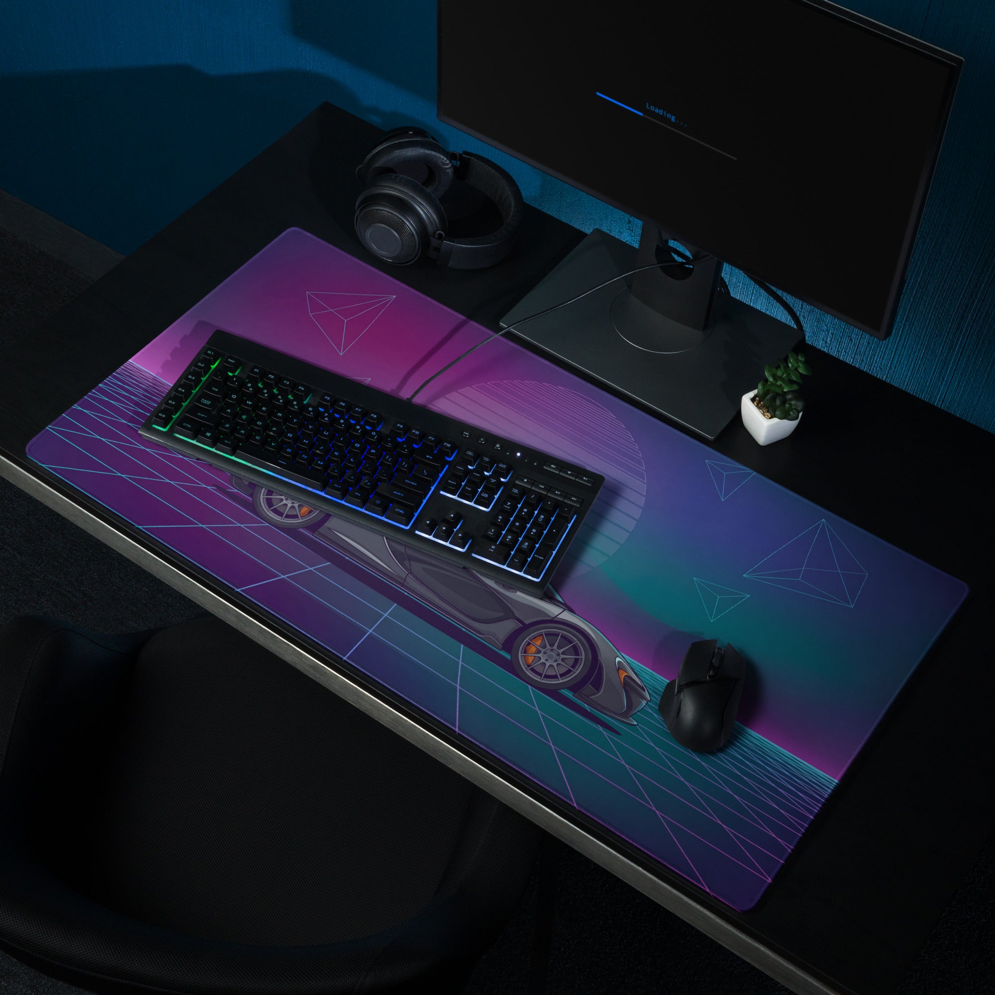 McLaren P1 GTR Inspired Gray Purple Vaporwave Gaming Mouse Pad – Neon Grid Sunset Desk Mat, Retro Futuristic Hypercar Digital Artwork