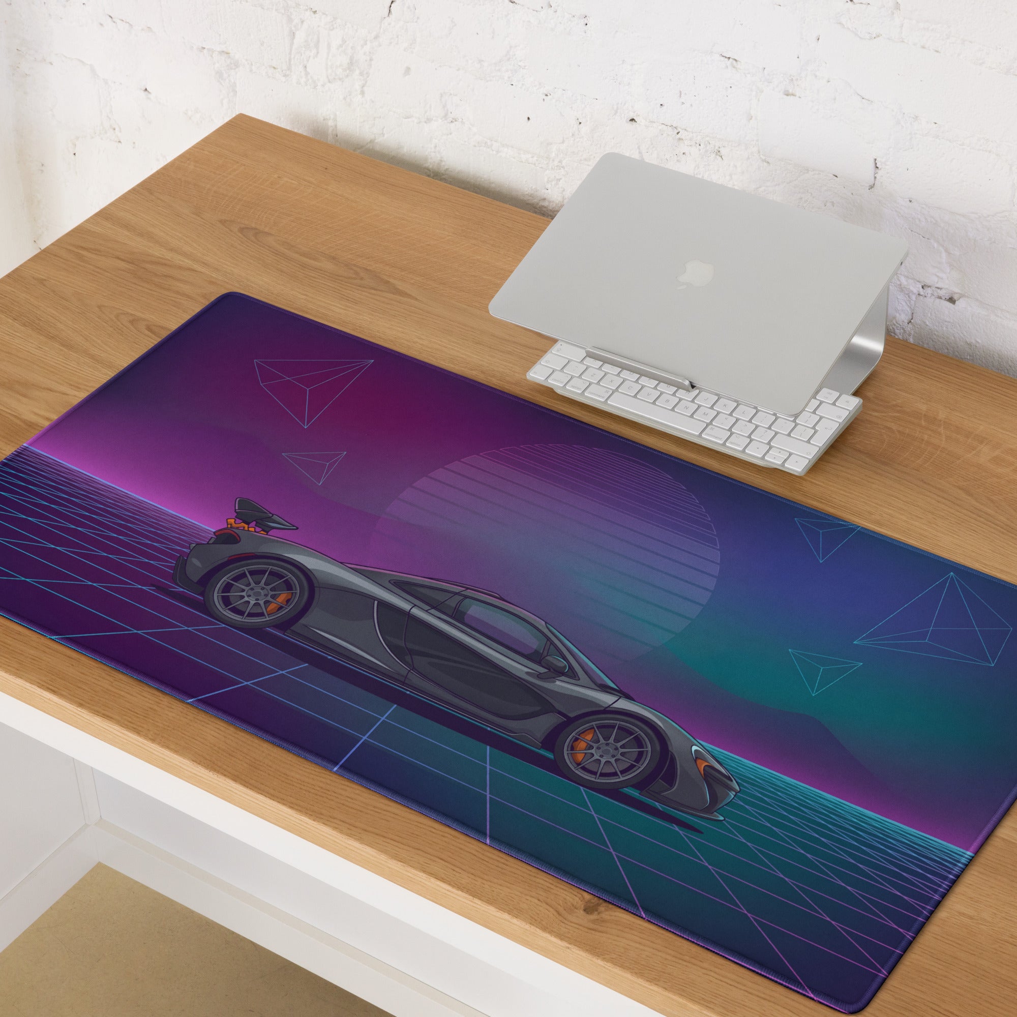 McLaren P1 GTR Inspired Gray Purple Vaporwave Gaming Mouse Pad – Neon Grid Sunset Desk Mat, Retro Futuristic Hypercar Digital Artwork