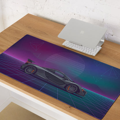 McLaren P1 GTR Inspired Gray Purple Vaporwave Gaming Mouse Pad – Neon Grid Sunset Desk Mat, Retro Futuristic Hypercar Digital Artwork