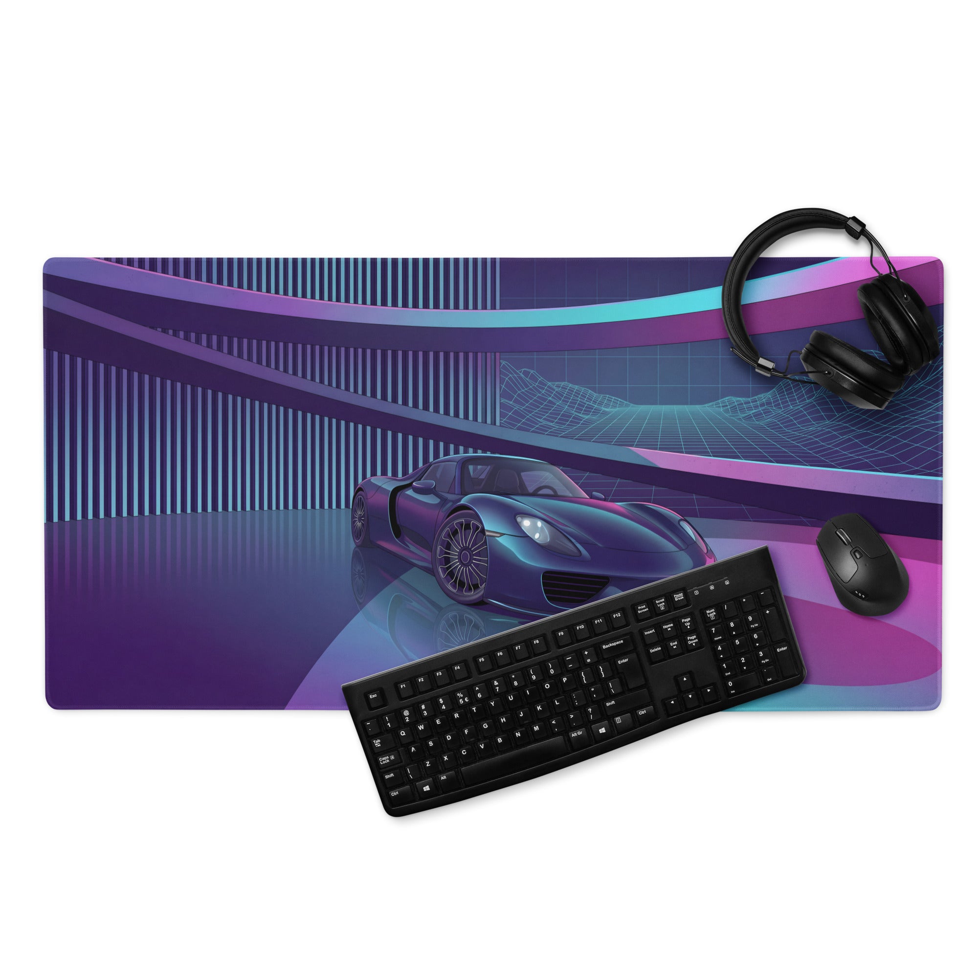 Porsche 918 Spyder Inspired Black Purple Vaporwave Gaming Mouse Pad – Neon Futuristic Garage Desk Mat, Retro Hypercar Digital Artwork