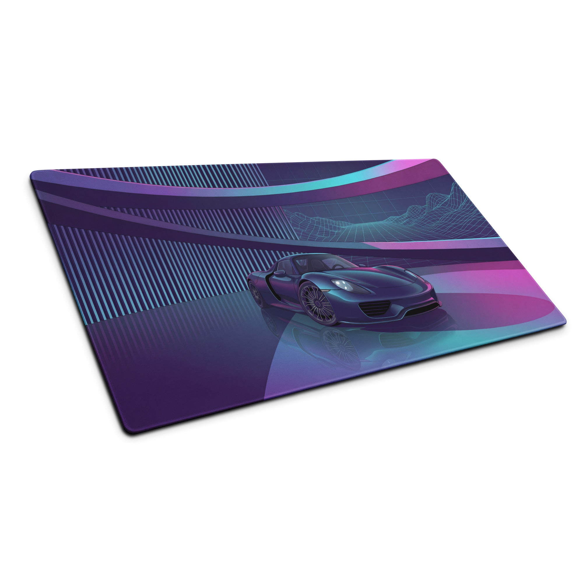 Porsche 918 Spyder Inspired Black Purple Vaporwave Gaming Mouse Pad – Neon Futuristic Garage Desk Mat, Retro Hypercar Digital Artwork