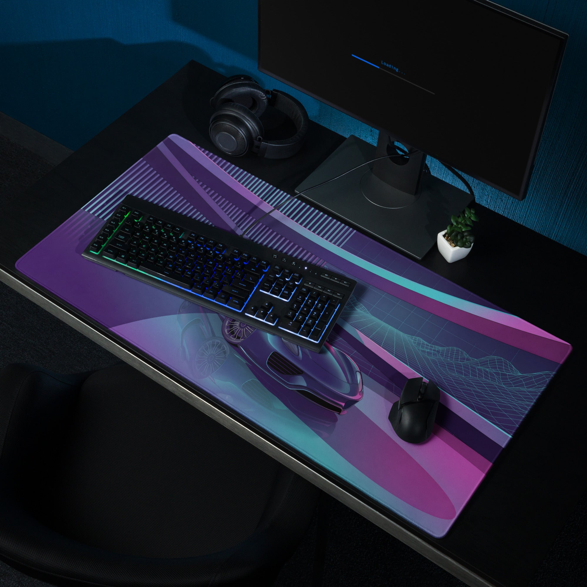 Porsche 918 Spyder Inspired Black Purple Vaporwave Gaming Mouse Pad – Neon Futuristic Garage Desk Mat, Retro Hypercar Digital Artwork