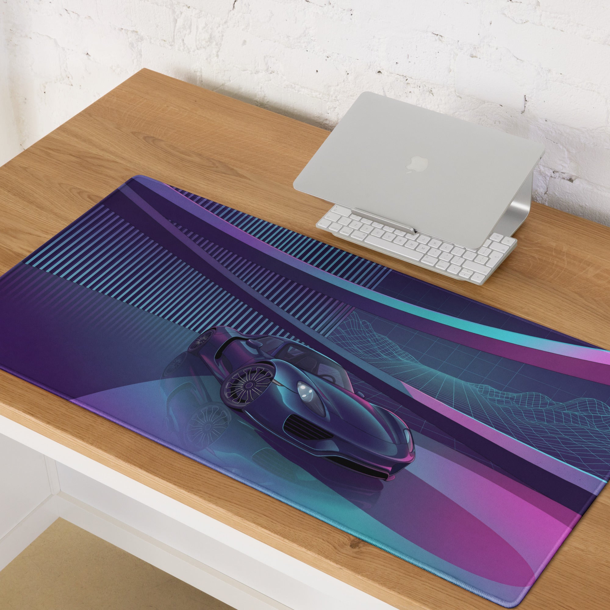 Porsche 918 Spyder Inspired Black Purple Vaporwave Gaming Mouse Pad – Neon Futuristic Garage Desk Mat, Retro Hypercar Digital Artwork