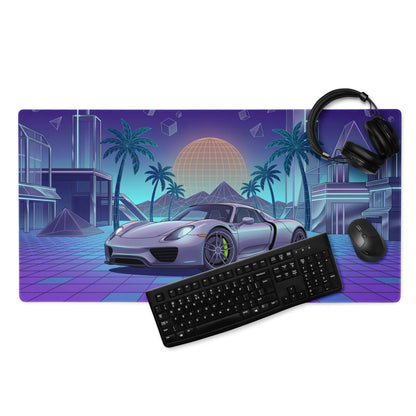 Porsche 918 Spyder Inspired Silver Purple Vaporwave Gaming Mouse Pad – Neon Palm City Grid Desk Mat, Retro Futuristic Hypercar Digital Artwork