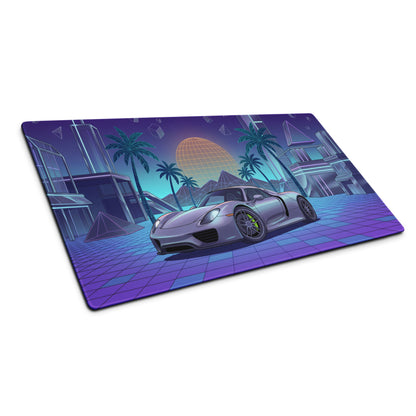 Porsche 918 Spyder Inspired Silver Purple Vaporwave Gaming Mouse Pad – Neon Palm City Grid Desk Mat, Retro Futuristic Hypercar Digital Artwork