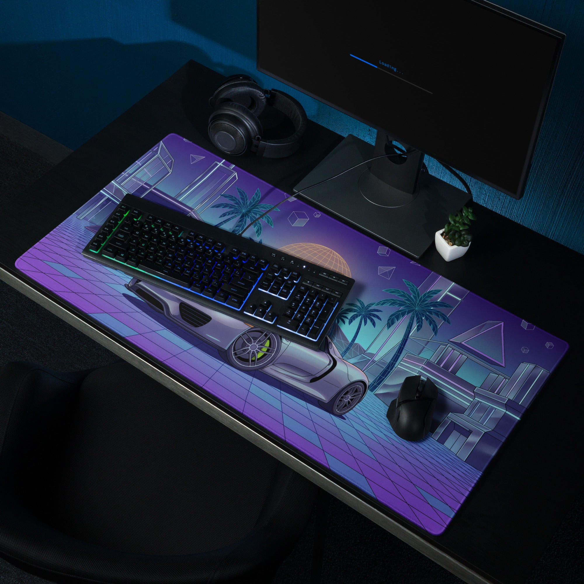 Porsche 918 Spyder Inspired Silver Purple Vaporwave Gaming Mouse Pad – Neon Palm City Grid Desk Mat, Retro Futuristic Hypercar Digital Artwork