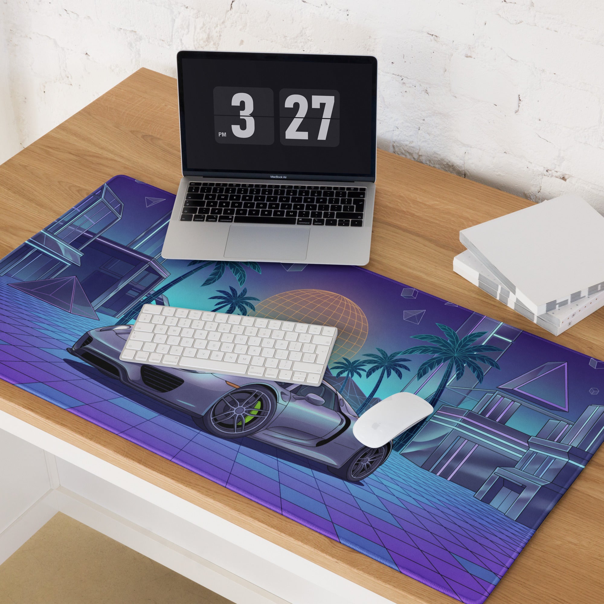 Porsche 918 Spyder Inspired Silver Purple Vaporwave Gaming Mouse Pad – Neon Palm City Grid Desk Mat, Retro Futuristic Hypercar Digital Artwork