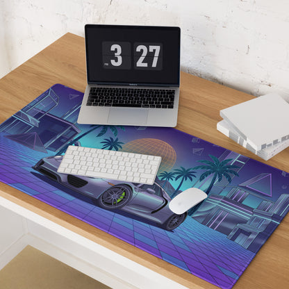 Porsche 918 Spyder Inspired Silver Purple Vaporwave Gaming Mouse Pad – Neon Palm City Grid Desk Mat, Retro Futuristic Hypercar Digital Artwork