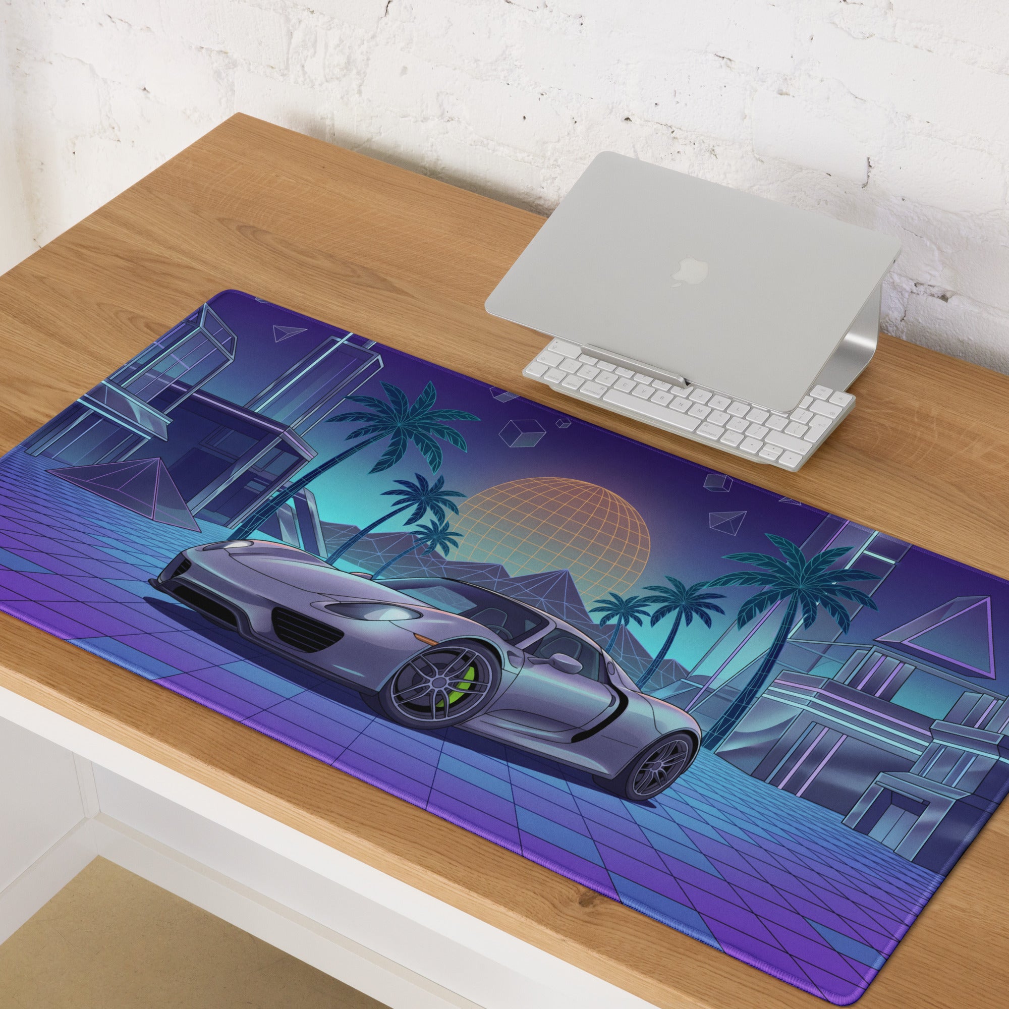 Porsche 918 Spyder Inspired Silver Purple Vaporwave Gaming Mouse Pad – Neon Palm City Grid Desk Mat, Retro Futuristic Hypercar Digital Artwork