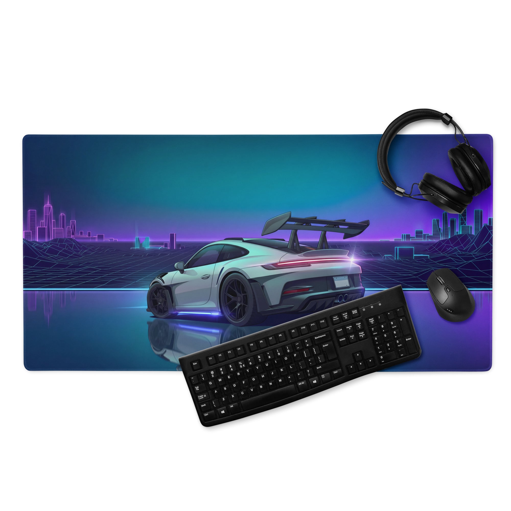 Porsche 911 GT3 RS Inspired Silver Purple Vaporwave Gaming Mouse Pad – Neon Cyber City Grid Desk Mat, Retro Futuristic Sports Car Digital Artwork