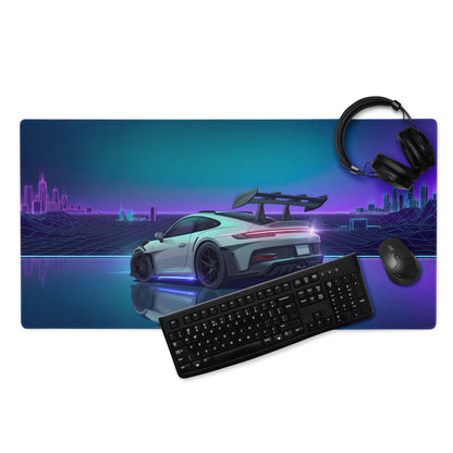 Porsche 911 GT3 RS Inspired Silver Purple Vaporwave Gaming Mouse Pad – Neon Cyber City Grid Desk Mat, Retro Futuristic Sports Car Digital Artwork