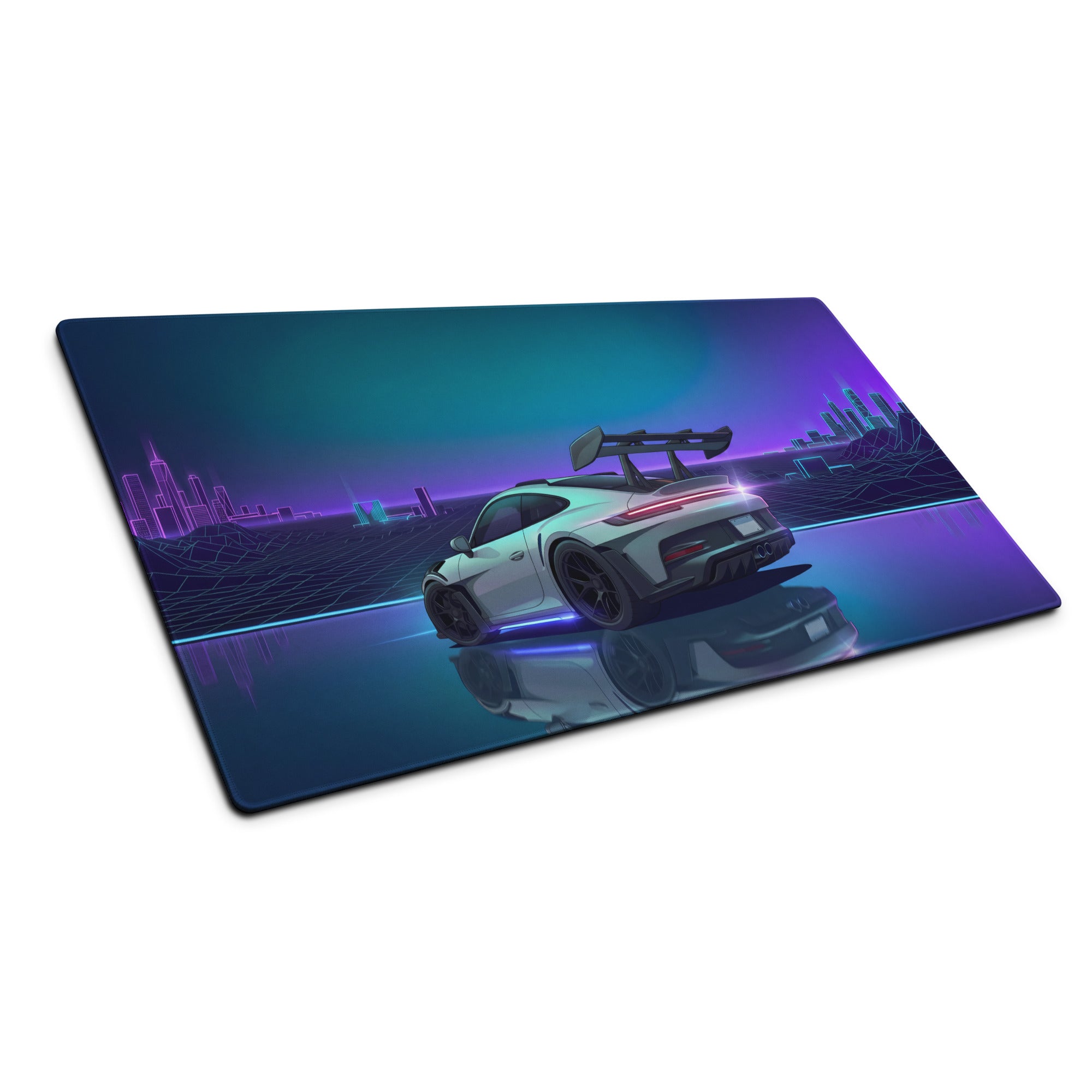 Porsche 911 GT3 RS Inspired Silver Purple Vaporwave Gaming Mouse Pad – Neon Cyber City Grid Desk Mat, Retro Futuristic Sports Car Digital Artwork