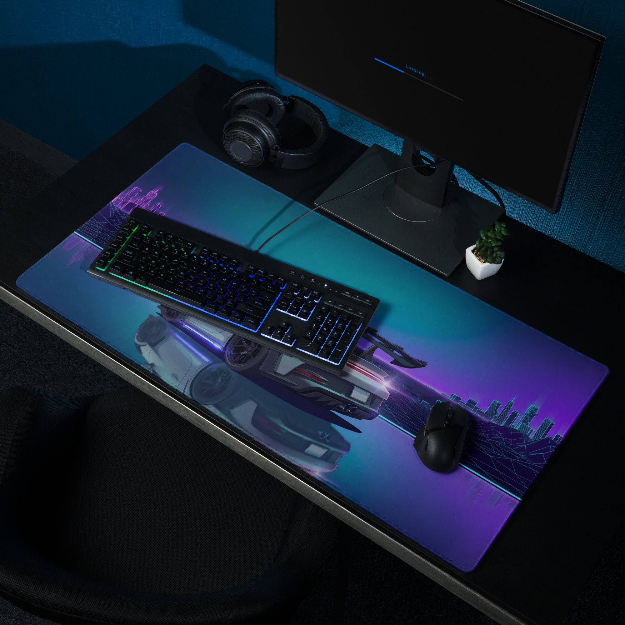 Porsche 911 GT3 RS Inspired Silver Purple Vaporwave Gaming Mouse Pad – Neon Cyber City Grid Desk Mat, Retro Futuristic Sports Car Digital Artwork